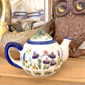 Vintage Ceramic Tea Pot Embossed Floral Design with Butterfly